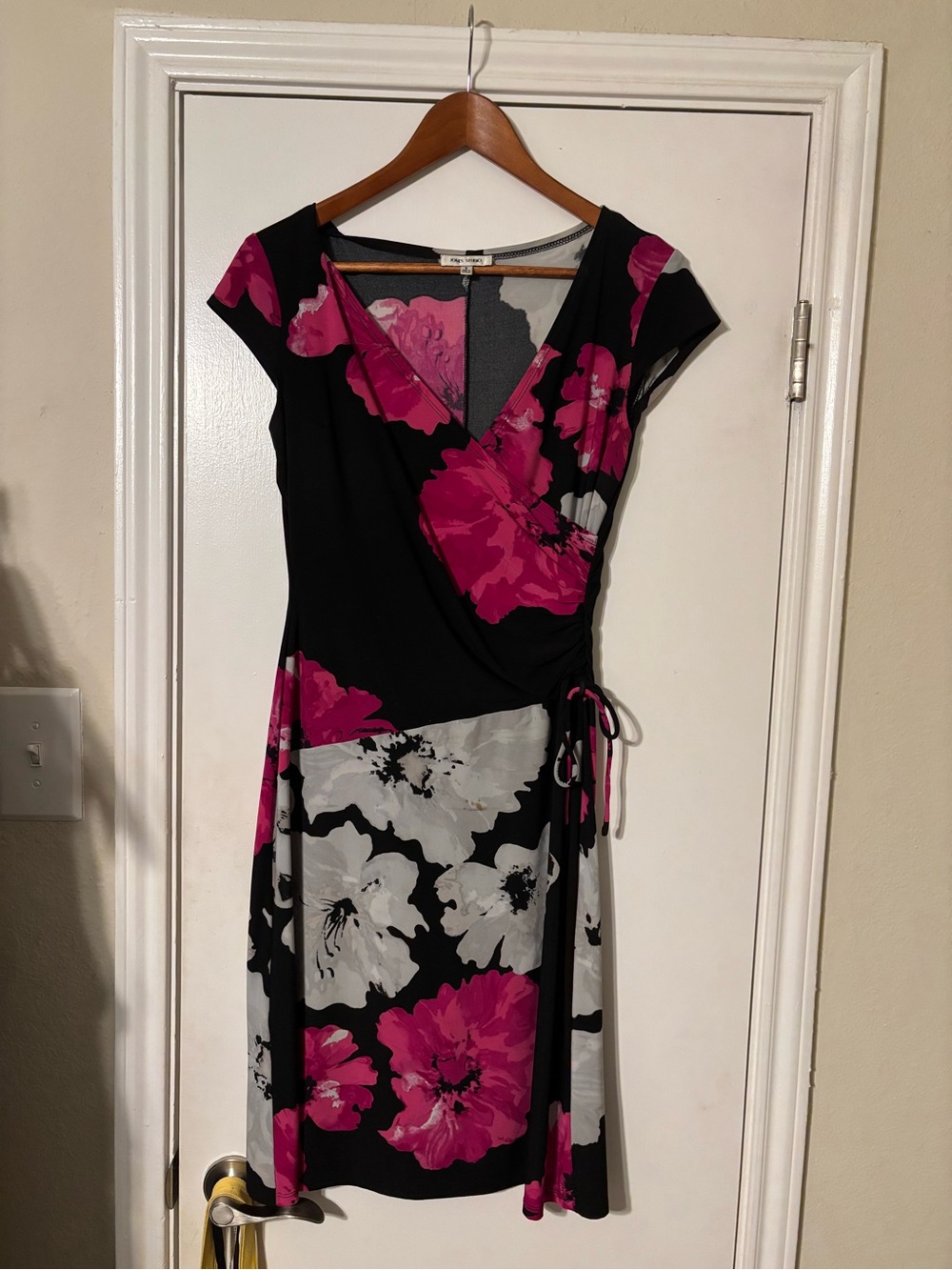 Jones Studio Black Faux Wrap Midi Dress with Pink and Gray Floral Print